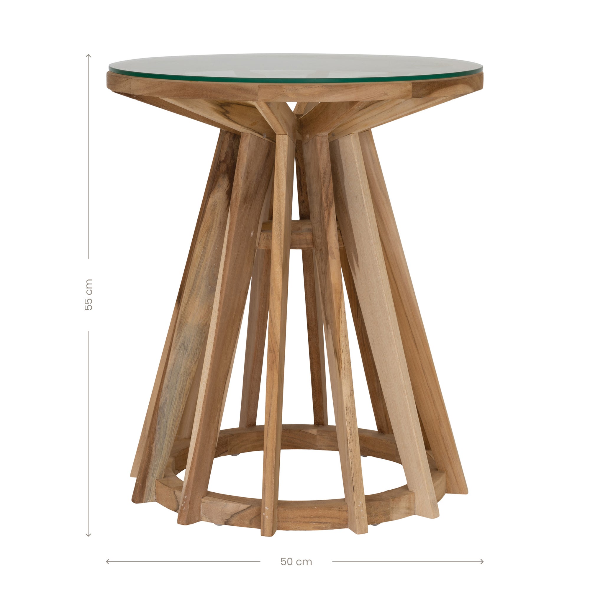 Nakuru side table in natural teak with round glass top and sculptural slat base isolated on a light background