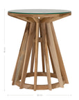 Nakuru side table in natural teak with round glass top and sculptural slat base isolated on a light background
