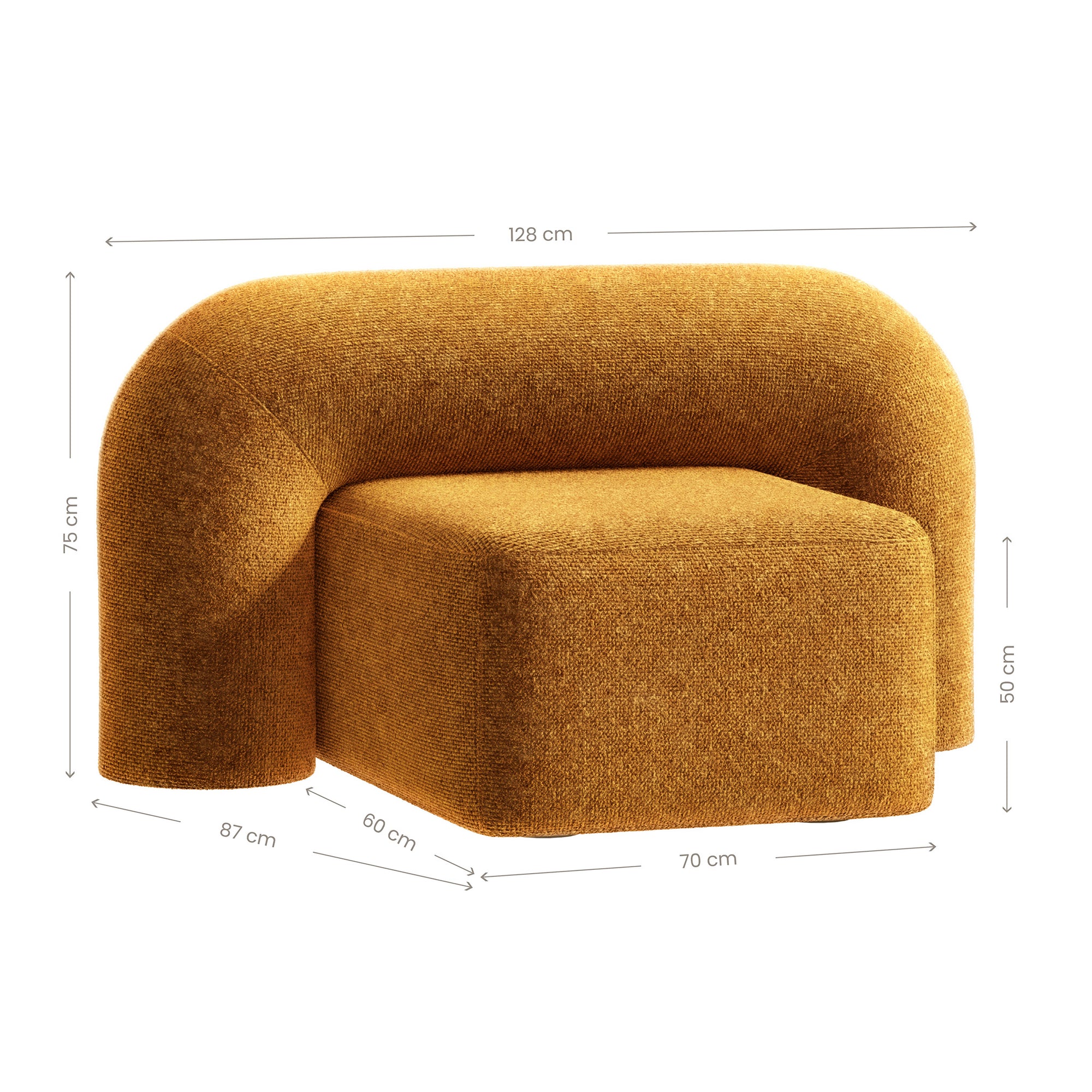 A luxurious mustard lounge chair with a sculptural, curved backrest and a matching ottoman, offering a bold yet elegant statement piece for contemporary interiors.