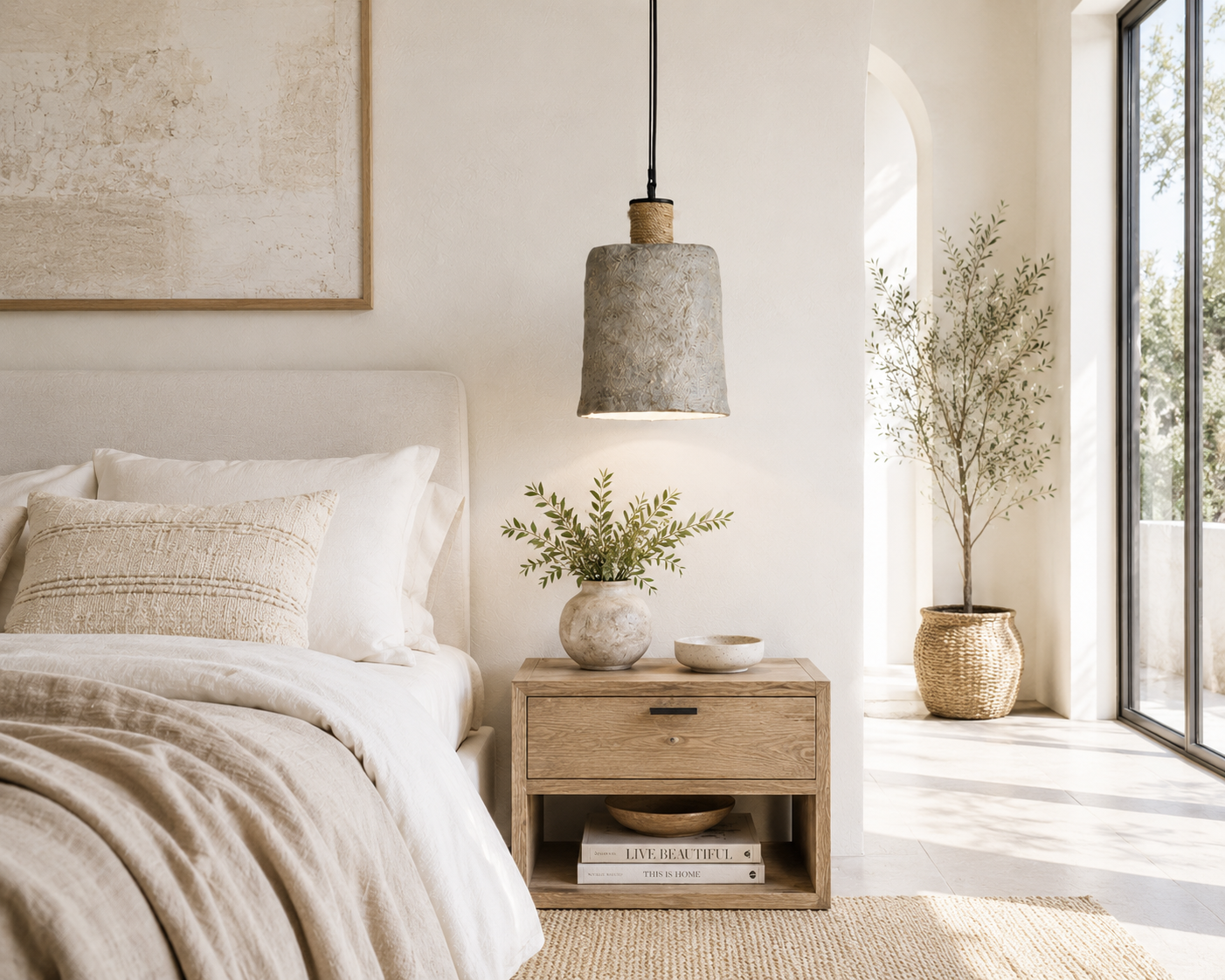 Nestled bedroom with a bed, nightstand, and decorative elements.