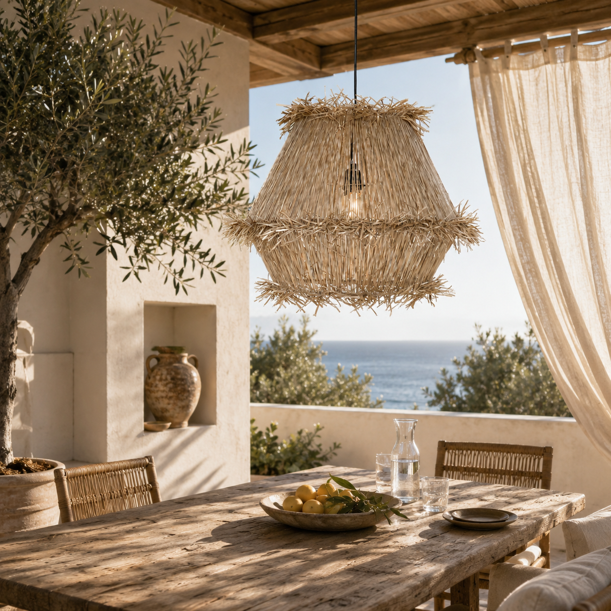 Outdoor dining area with a wooden table, chairs, and a scenic view of the ocean.