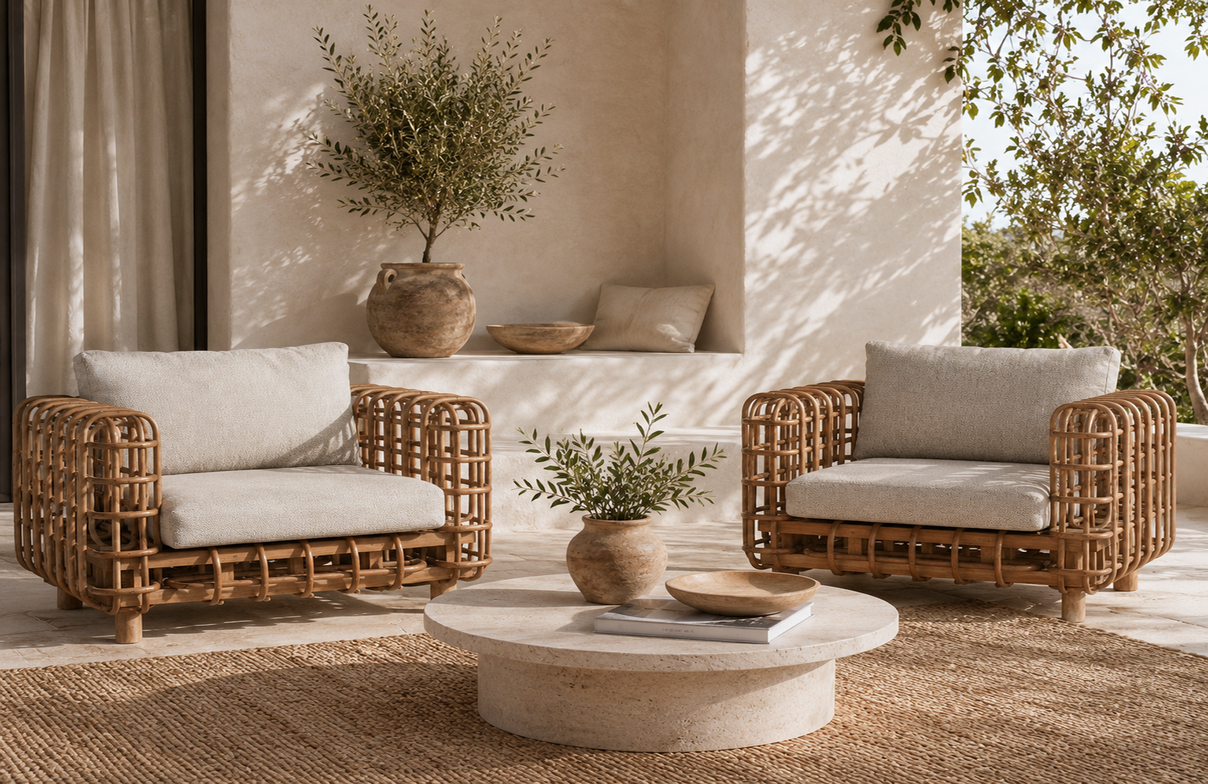 Outdoor patio with wicker chairs, stone table, and decorative elements.