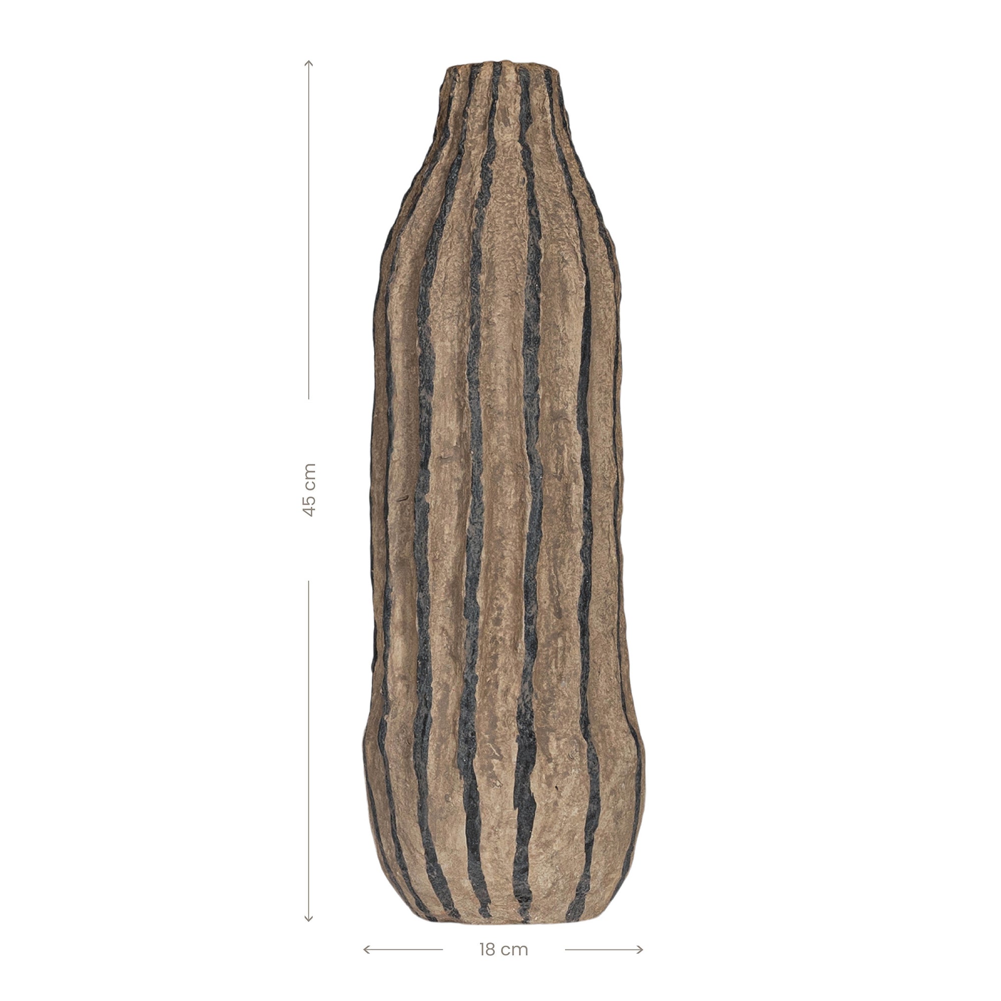Striped paper mache vase with a rustic texture, perfect as a decorative accent piece for modern and bohemian interiors.