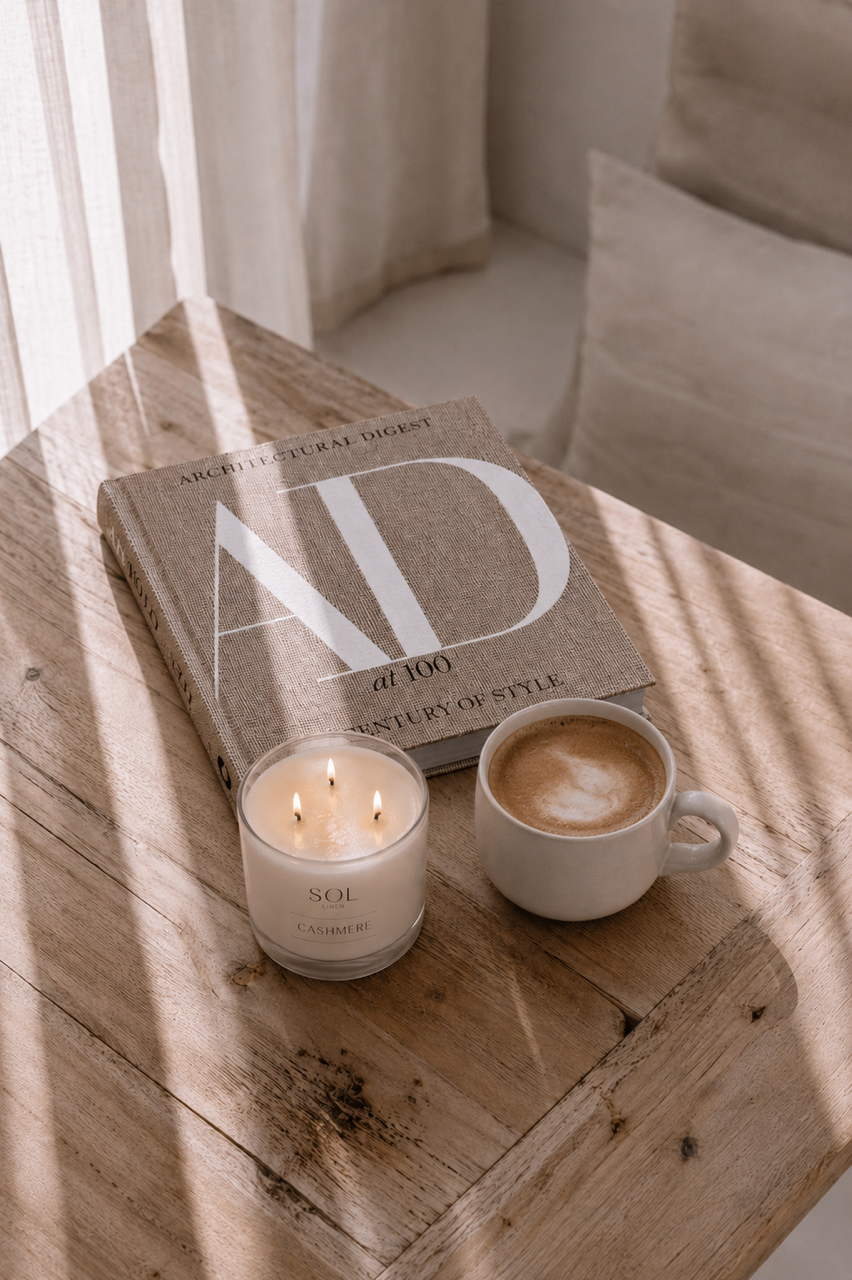 A styled interior scene with a lit white candle and a cup of latte on a rustic wooden table beside a book, in soft natural light with window shadows.
