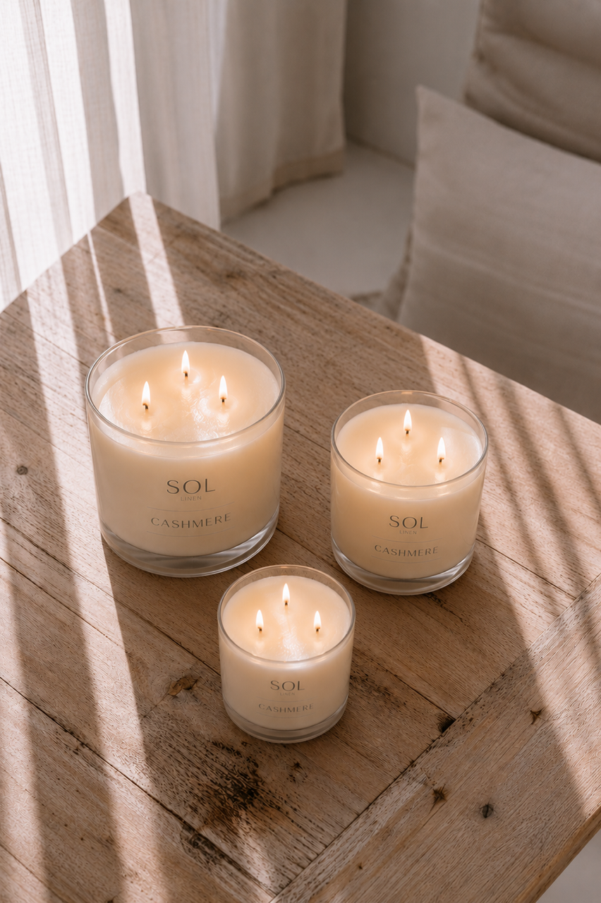 Three SOL Camomile scented candles in clear glass jars with four wicks each, arranged on a rustic wooden table in soft, dappled sunlight.