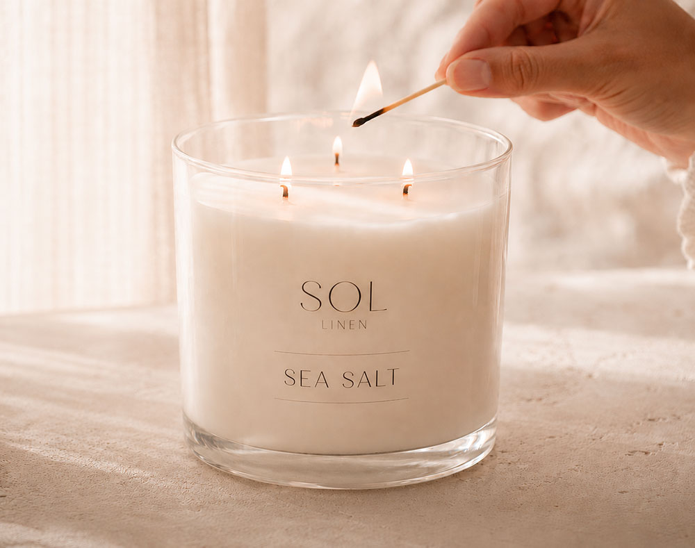 A three-wick glass jar candle labeled 'SOL LINEN SEA SALT' is lit with a wooden match in a softly lit indoor setting.