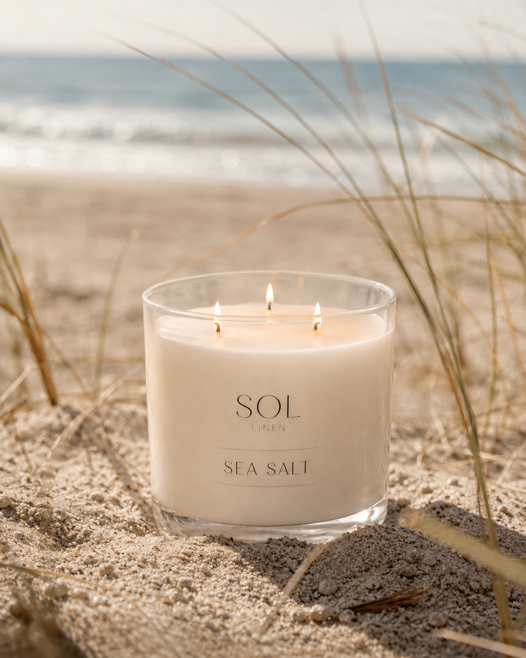 A three-wick candle in a clear glass jar labeled 'SOL LÜNEN SEA SALT' sits on a sandy beach with dune grass and the ocean blurred in the background.