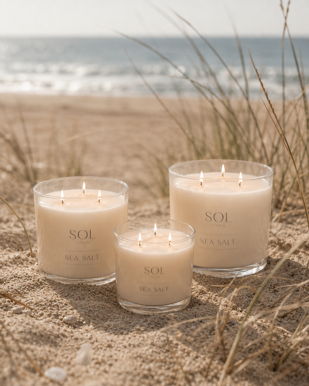 Three SOL Sea Salt scented candles in clear glass jars are arranged on sandy beach grass with the ocean blurred in the background.