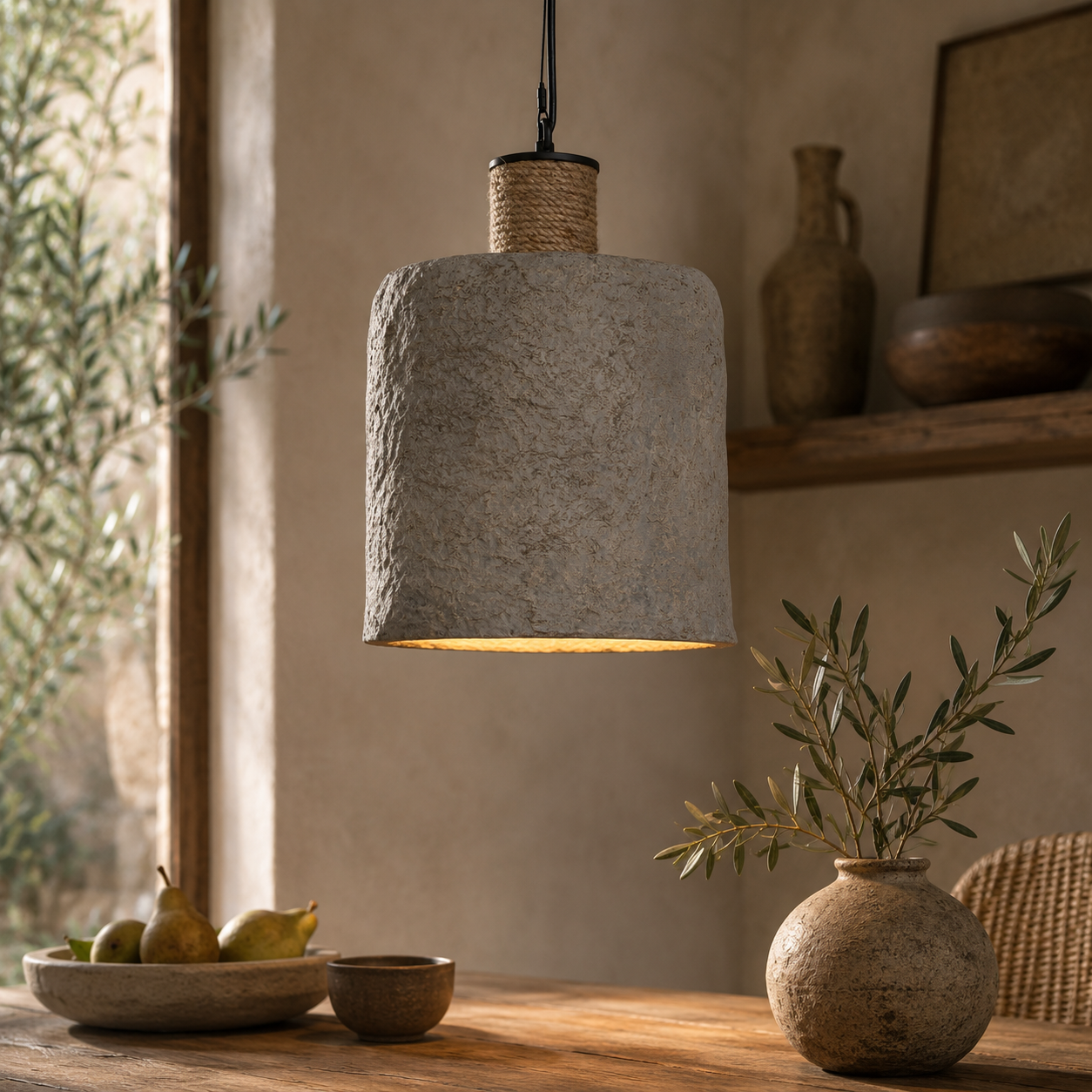 Textured pendant light hanging above a wooden table with rustic decor
