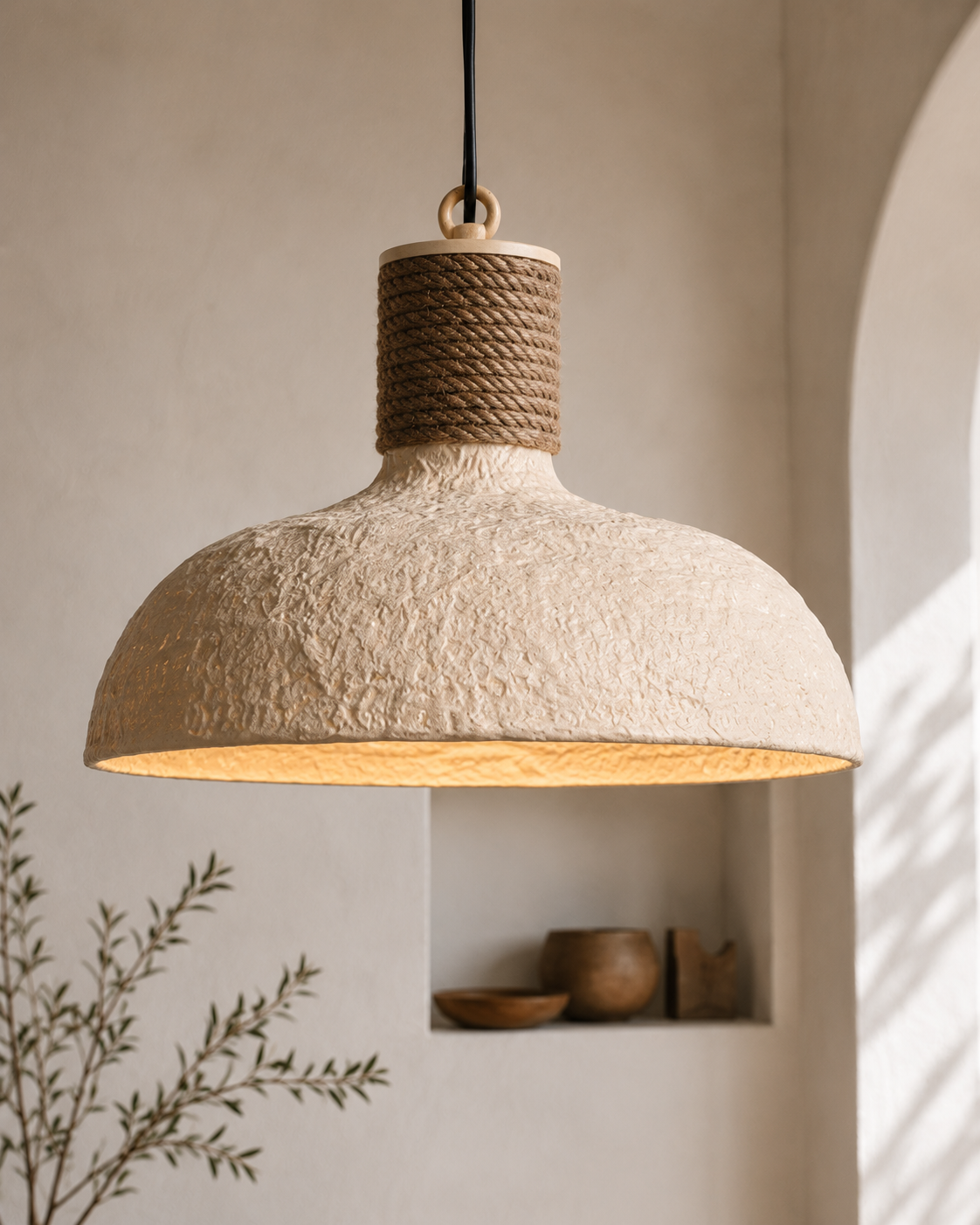 Textured pendant light with rope detail hanging in a room with shelves and plants.