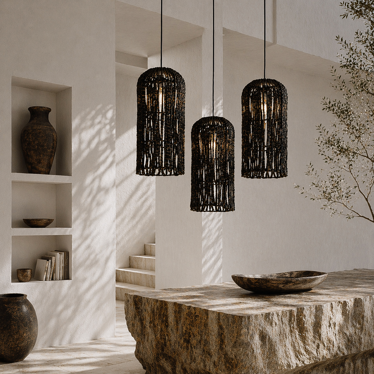 Three black woven pendant lights hanging in a modern interior setting with a stone table and shelves.