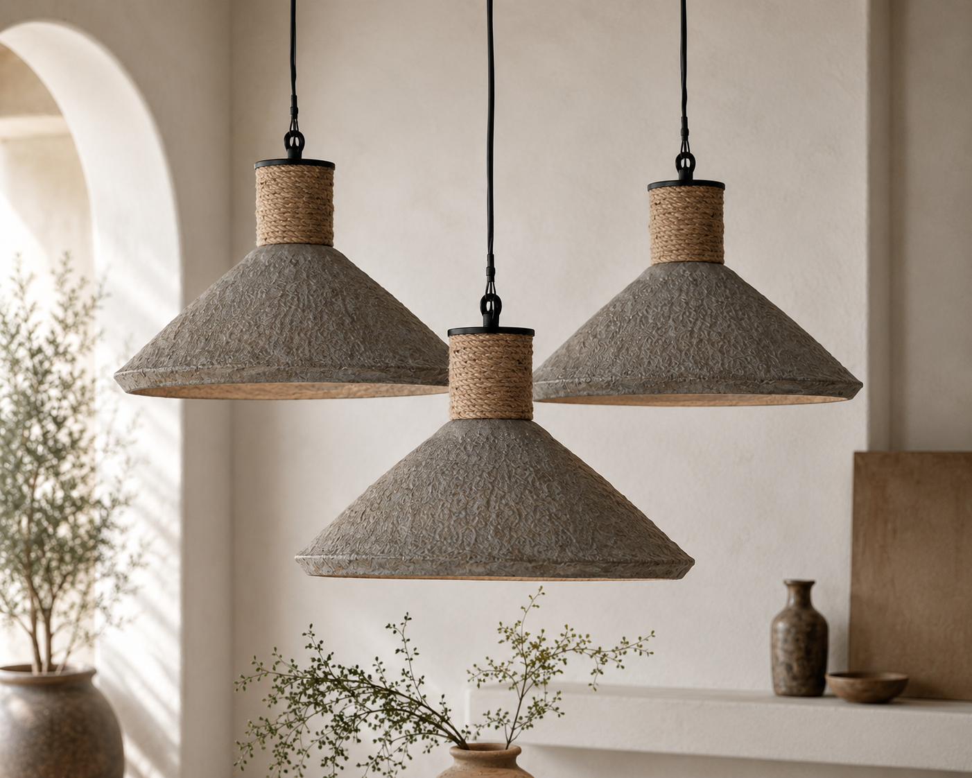 Three pendant lights hanging in a room with plants and a vase.