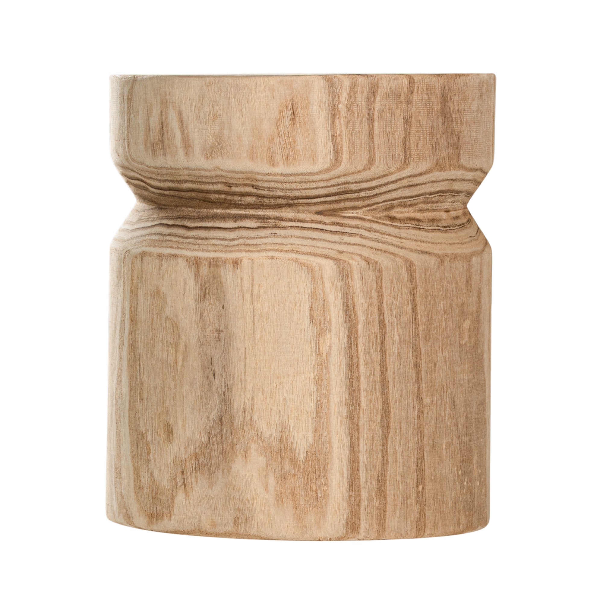 Timma Wooden Stool handcrafted from solid paulownia wood, featuring a sculptural design and natural wood grain, perfect for modern interiors