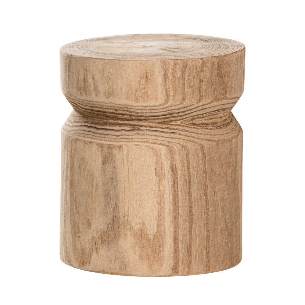 Timma Wooden Stool handcrafted from solid paulownia wood, featuring a sculptural design and natural wood grain, perfect for modern interiors
