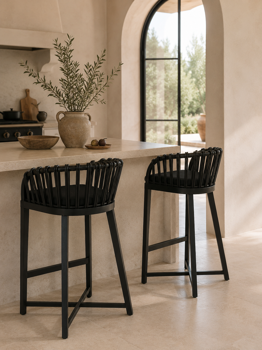 Two black bar stools in a kitchen setting with a window and decorative elements.