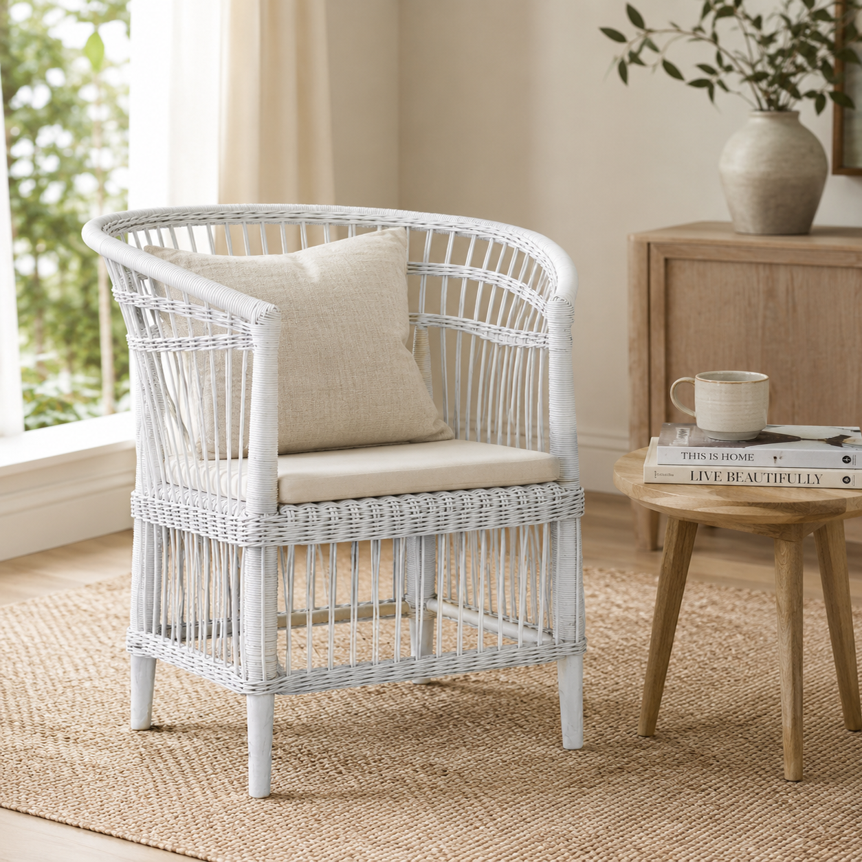 White wicker chair with beige cushion in a room with a wooden side table and books.
