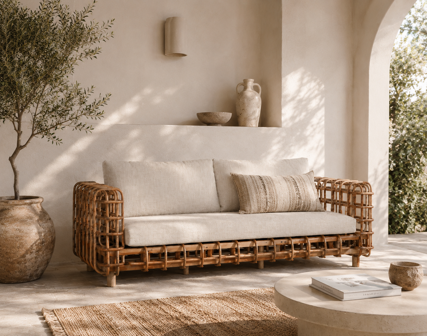 Wicker sofa with beige cushions in a sunlit room with plants and decor.
