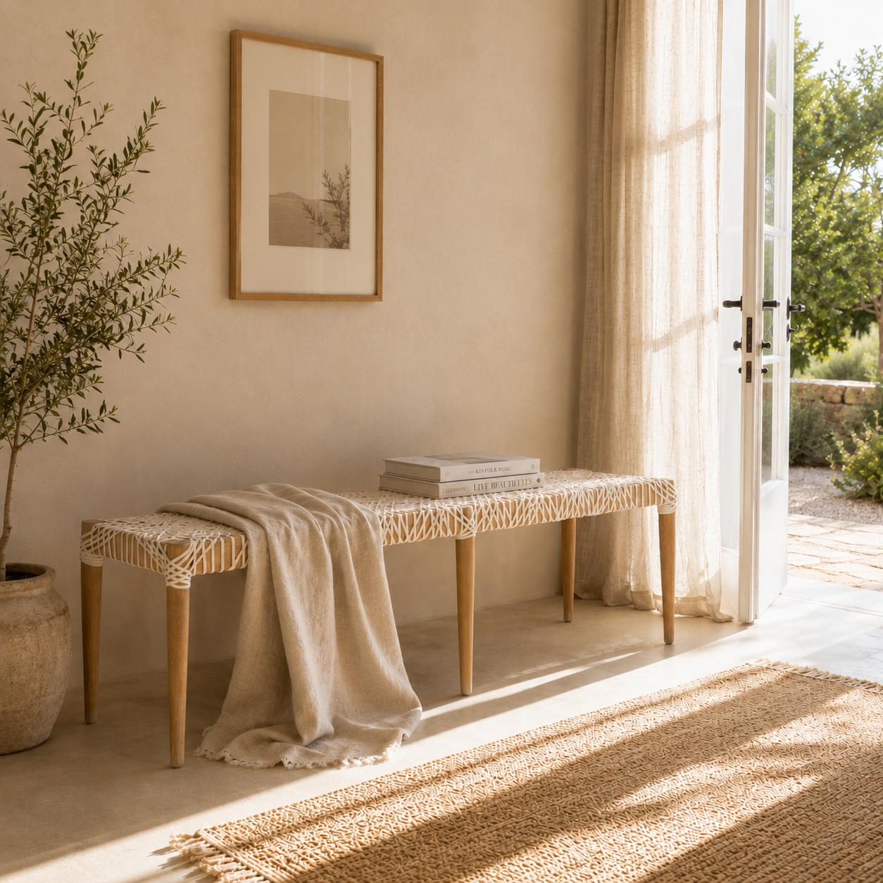 Woven bench with a blanket in a sunlit room with a plant and framed picture.