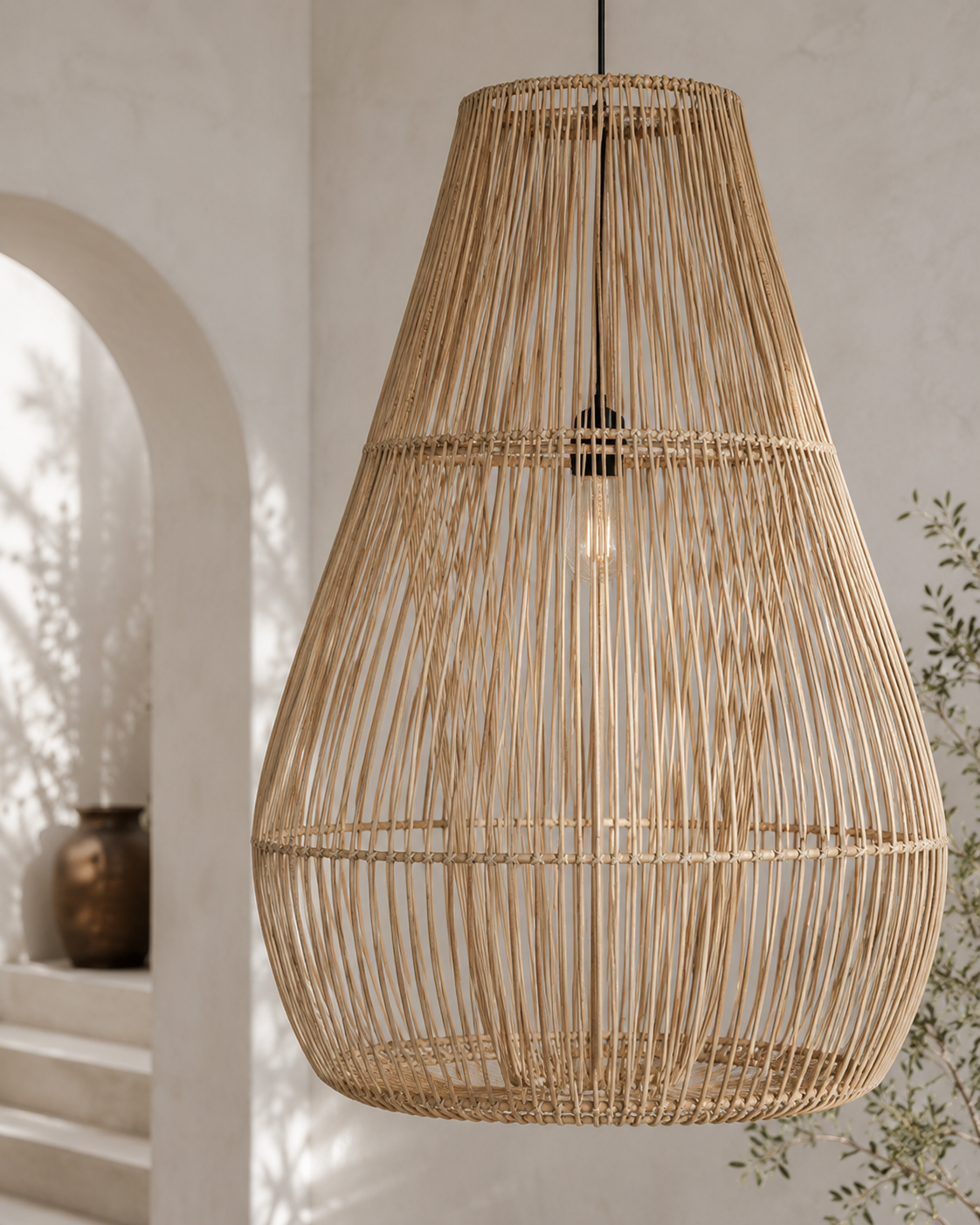 Woven rattan pendant light hanging against a neutral wall.