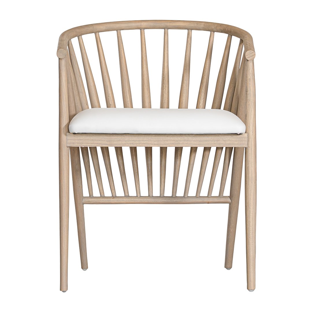 Lightwood spindle dining chair with a curved backrest and white upholstered seat, showcasing a modern yet timeless design. Crafted from solid wood, this chair brings a refined, natural aesthetic to any dining or living space