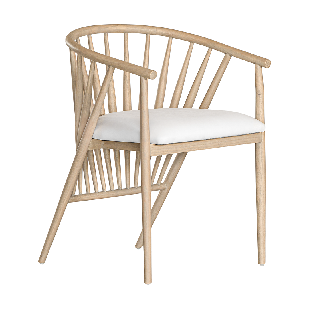 Lightwood spindle dining chair with a curved backrest and white upholstered seat, showcasing a modern yet timeless design. Crafted from solid wood, this chair brings a refined, natural aesthetic to any dining or living space