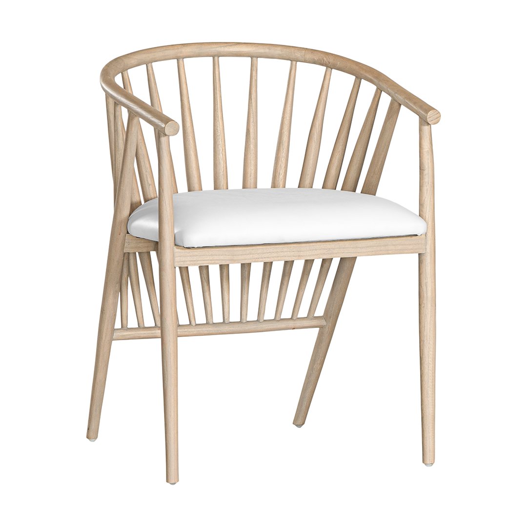 Lightwood spindle dining chair with a curved backrest and white upholstered seat, showcasing a modern yet timeless design. Crafted from solid wood, this chair brings a refined, natural aesthetic to any dining or living space