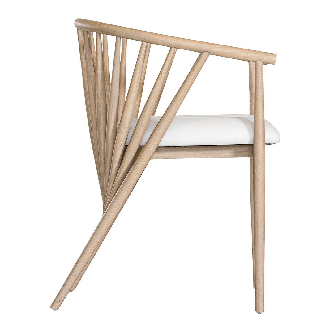 Lightwood spindle dining chair with a curved backrest and white upholstered seat, showcasing a modern yet timeless design. Crafted from solid wood, this chair brings a refined, natural aesthetic to any dining or living space