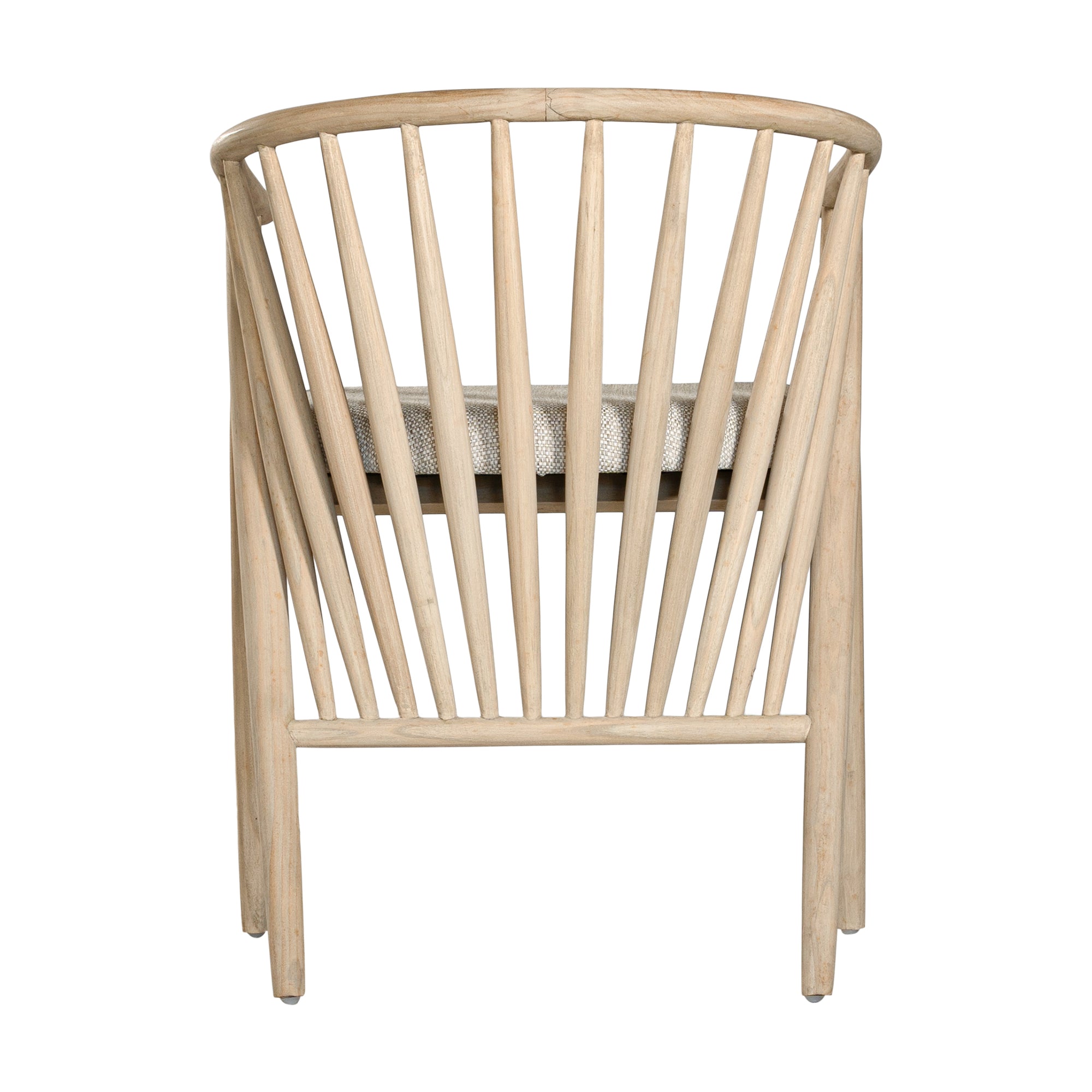 Lightwood spindle dining chair with a curved backrest and white upholstered seat, showcasing a modern yet timeless design. Crafted from solid wood, this chair brings a refined, natural aesthetic to any dining or living space