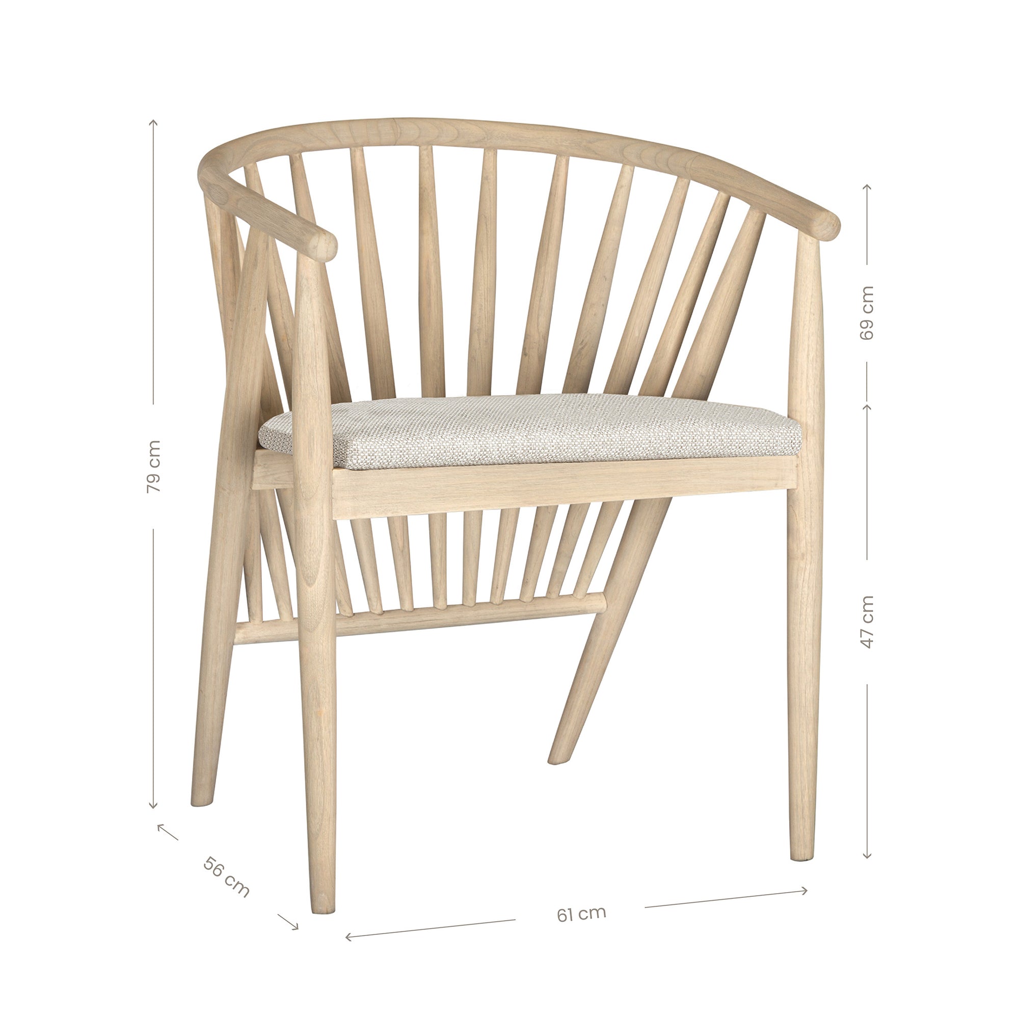 Lightwood spindle dining chair with a curved backrest and white upholstered seat, showcasing a modern yet timeless design. Crafted from solid wood, this chair brings a refined, natural aesthetic to any dining or living space