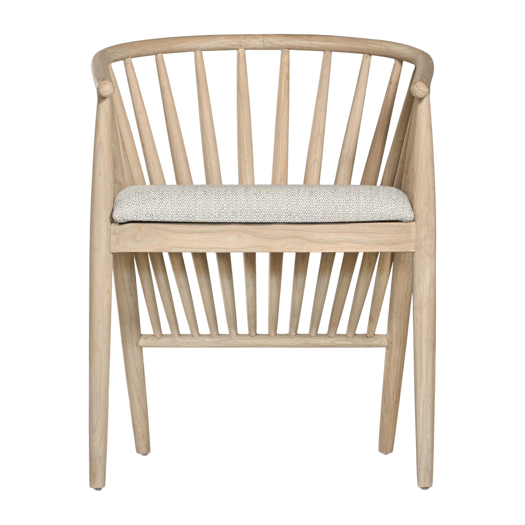 Lightwood spindle dining chair with a curved backrest and white upholstered seat, showcasing a modern yet timeless design. Crafted from solid wood, this chair brings a refined, natural aesthetic to any dining or living space