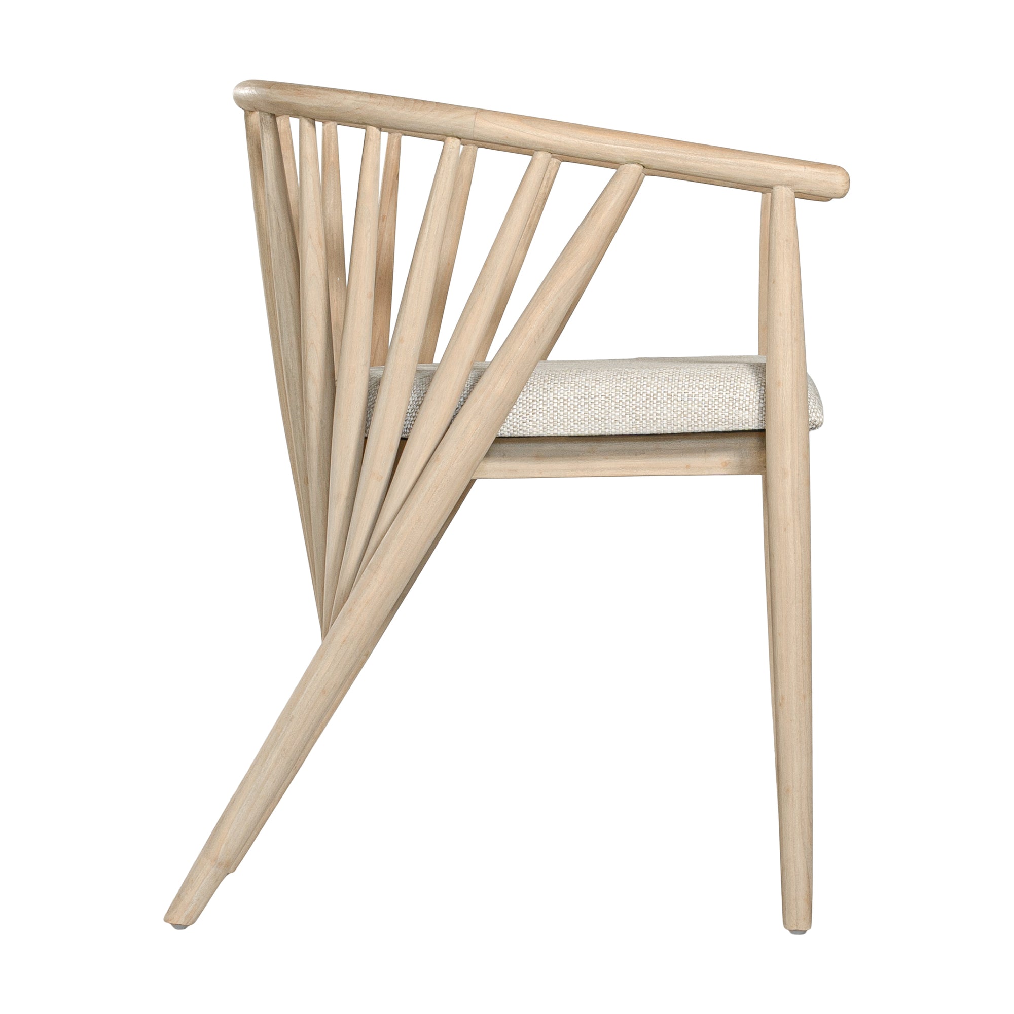 Lightwood spindle dining chair with a curved backrest and white upholstered seat, showcasing a modern yet timeless design. Crafted from solid wood, this chair brings a refined, natural aesthetic to any dining or living space