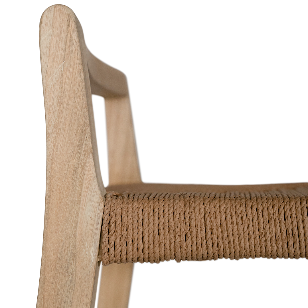 Modern bar stool crafted from lightwood with a woven rope seat and sleek geometric frame. A minimalist backrest provides subtle support, making it a stylish and functional addition to any kitchen or bar area