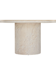 Alama dining table in dune hydro dipped finish with rounded tabletop and fluted cylindrical pedestal base.