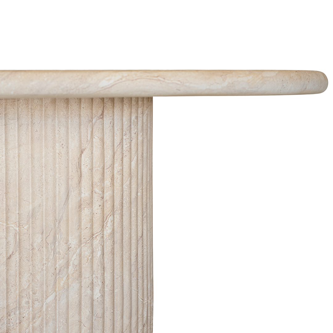 Alama dining table in dune hydro dipped finish with rounded tabletop and fluted cylindrical pedestal base.