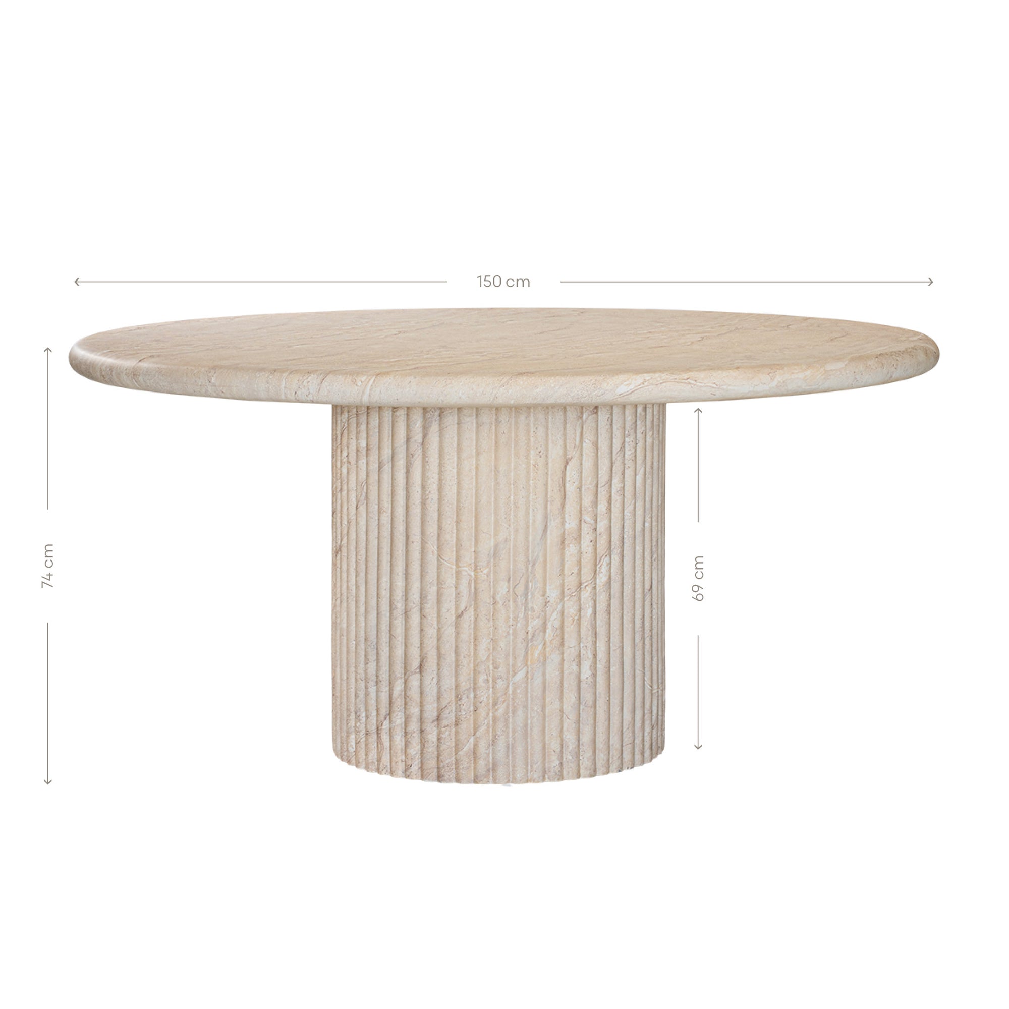 Alama dining table in dune hydro dipped finish with rounded tabletop and fluted cylindrical pedestal base.