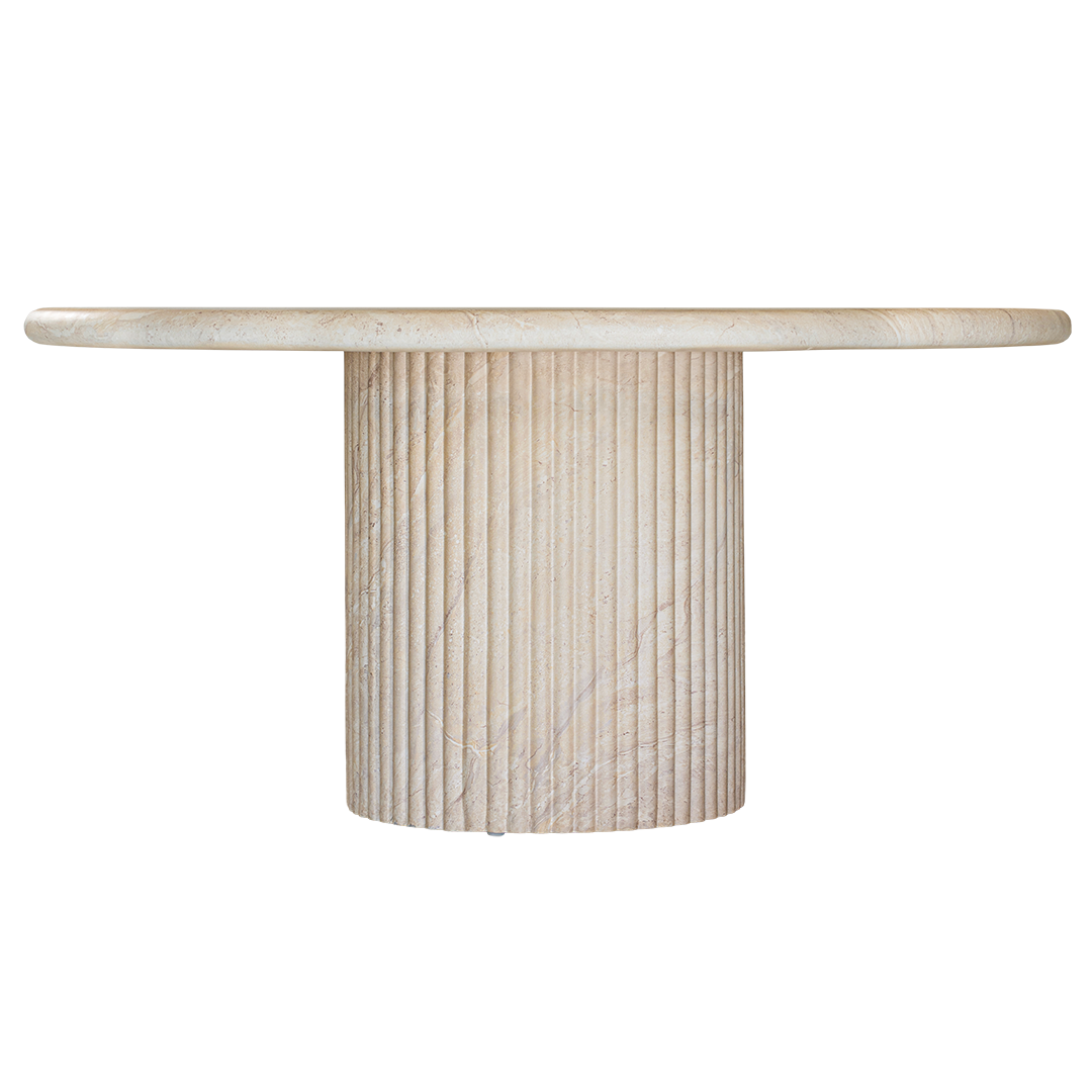 Alama dining table in dune hydro dipped finish with rounded tabletop and fluted cylindrical pedestal base.