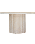 Alama dining table in dune hydro dipped finish with rounded tabletop and fluted cylindrical pedestal base.