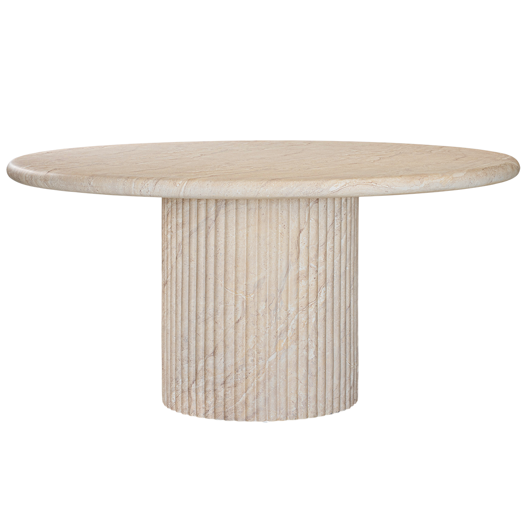 Alama dining table in dune hydro dipped finish with rounded tabletop and fluted cylindrical pedestal base.