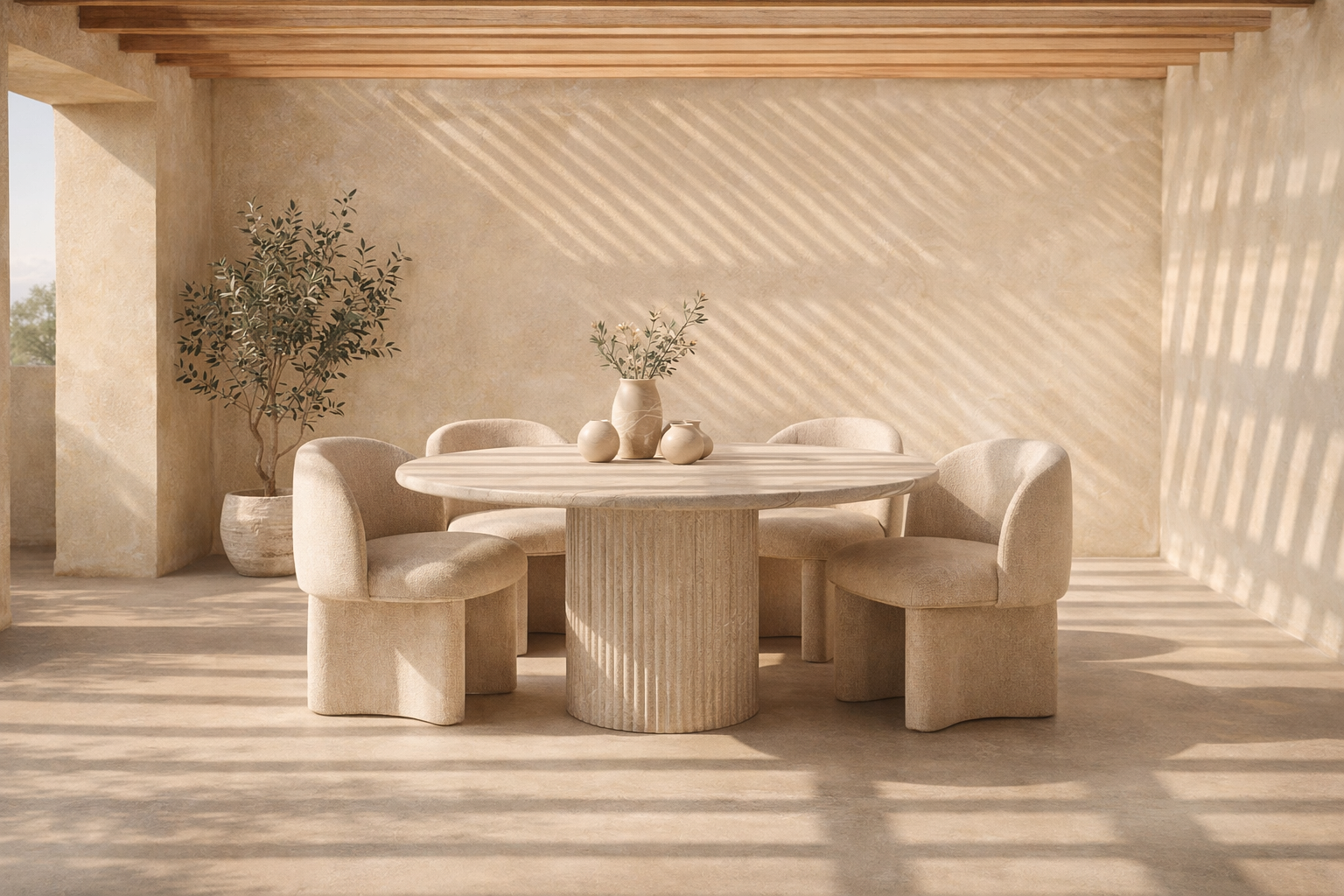 Alama dining table in dune hydro dipped finish with round top and fluted pedestal base styled in a sunlit textured room with soft neutral seating.