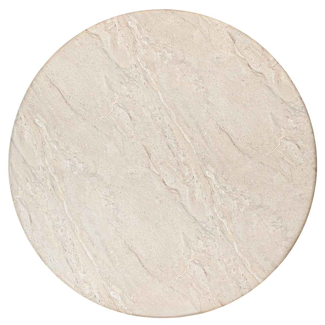 Alama dining table in dune hydro dipped finish with rounded tabletop and fluted cylindrical pedestal base.