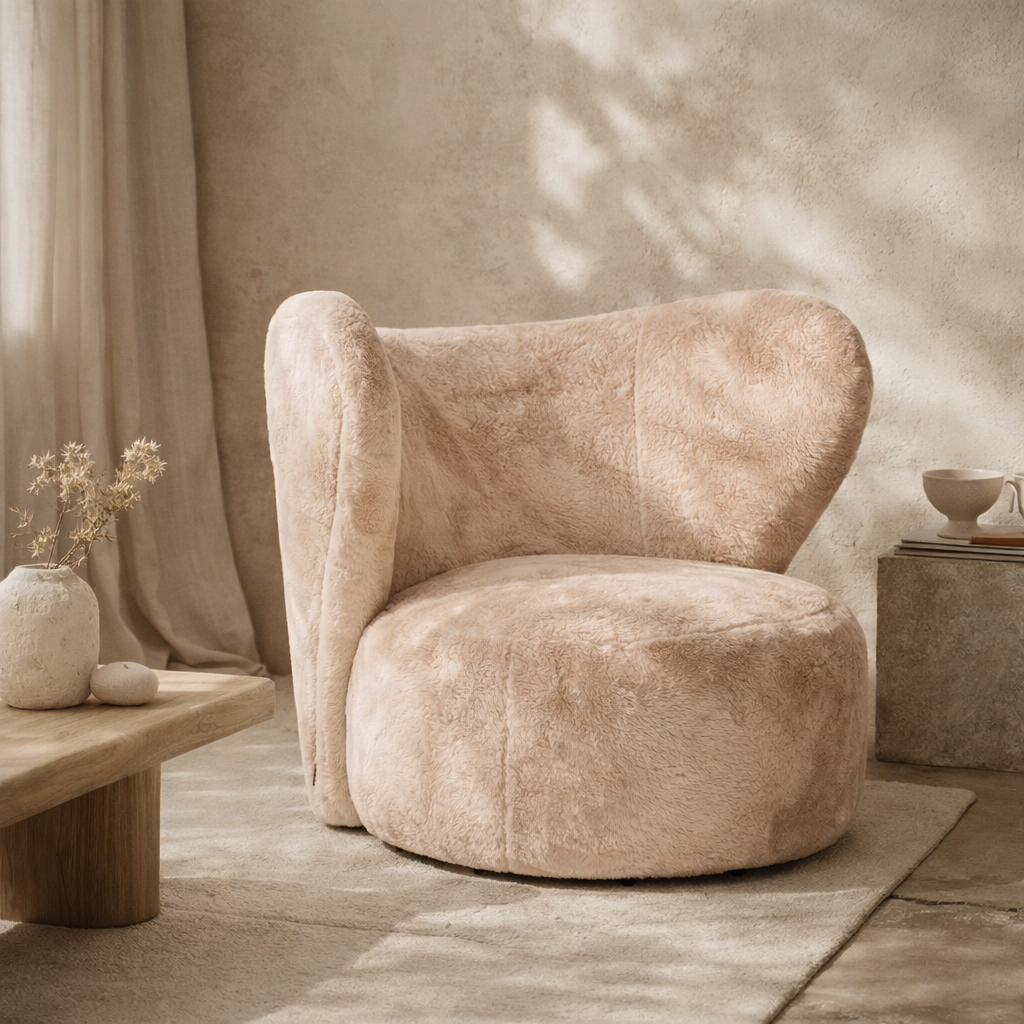 Alli occasional chair in nougat with plush curved form styled in a soft textured living space with warm neutral tones.
