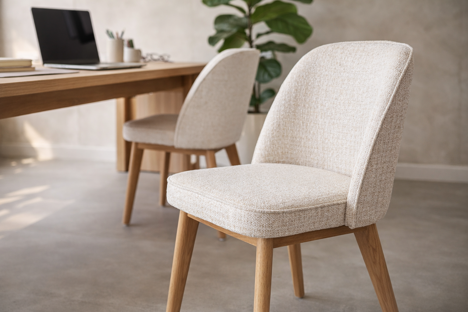 Alma dining chair in seashell tone with soft upholstery and rope detailing styled at a timber desk in a calm modern australian interior
