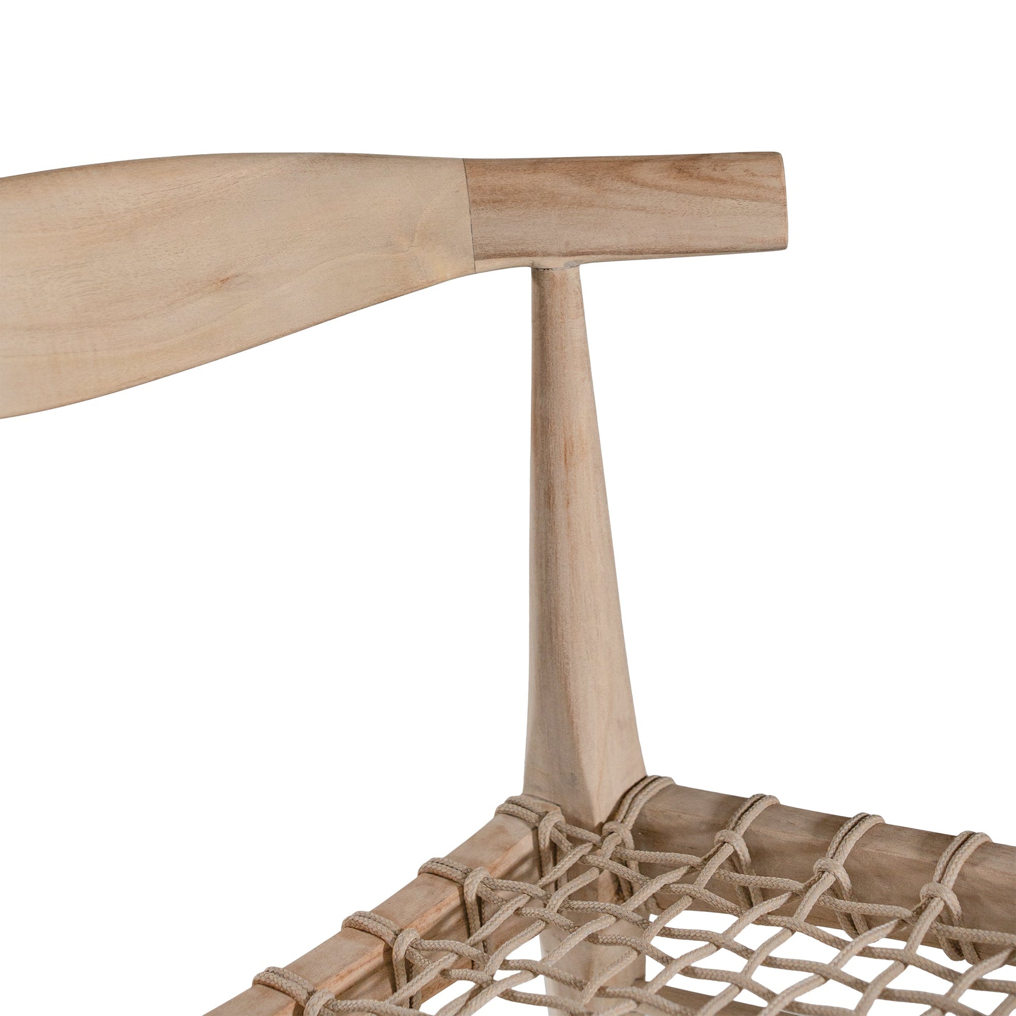 Modern lightwood dining chair featuring a sculpted timber backrest and a handwoven rope seat. A perfect blend of natural materials and contemporary craftsmanship for stylish dining spaces