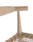 Modern lightwood dining chair featuring a sculpted timber backrest and a handwoven rope seat. A perfect blend of natural materials and contemporary craftsmanship for stylish dining spaces