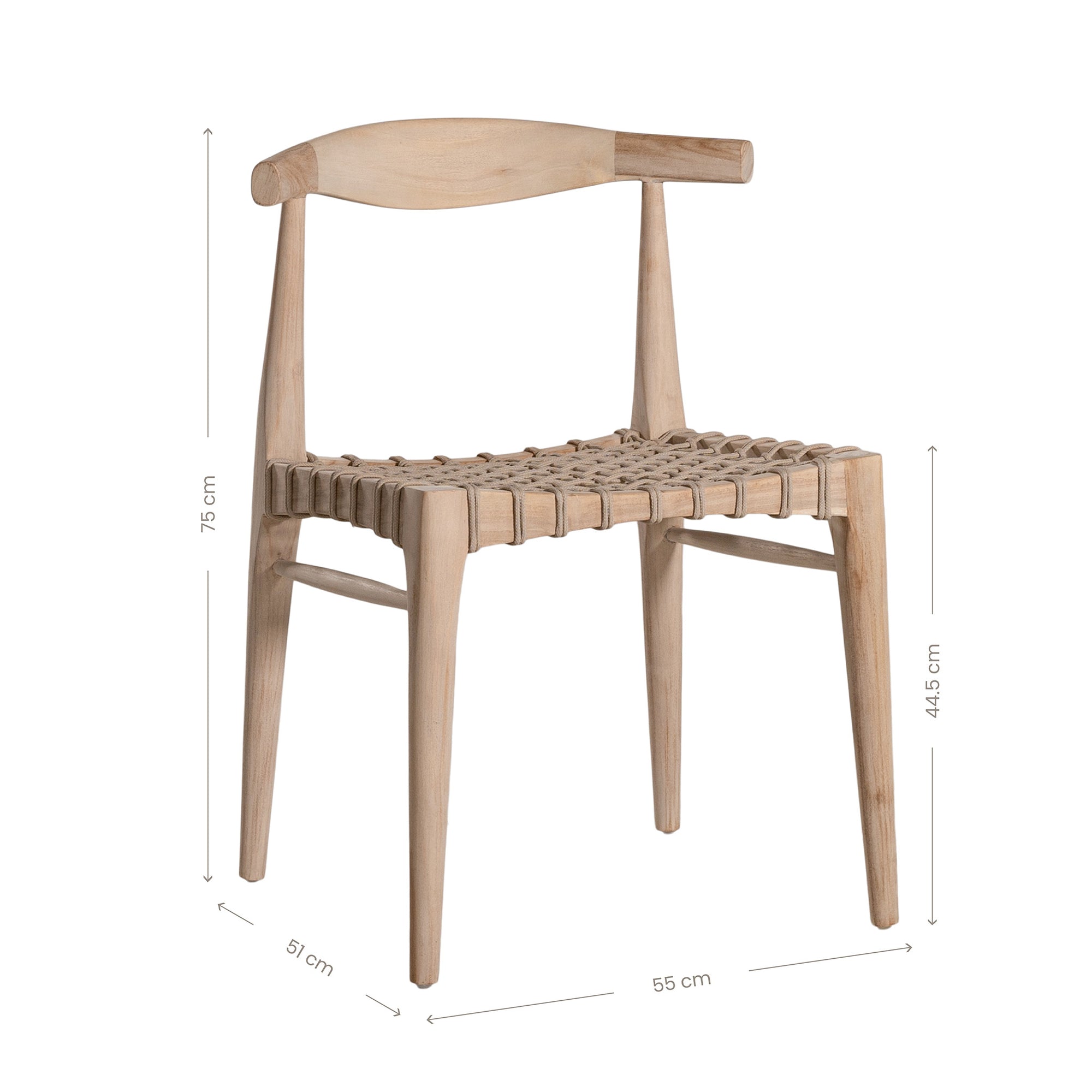 Modern lightwood dining chair featuring a sculpted timber backrest and a handwoven rope seat. A perfect blend of natural materials and contemporary craftsmanship for stylish dining spaces