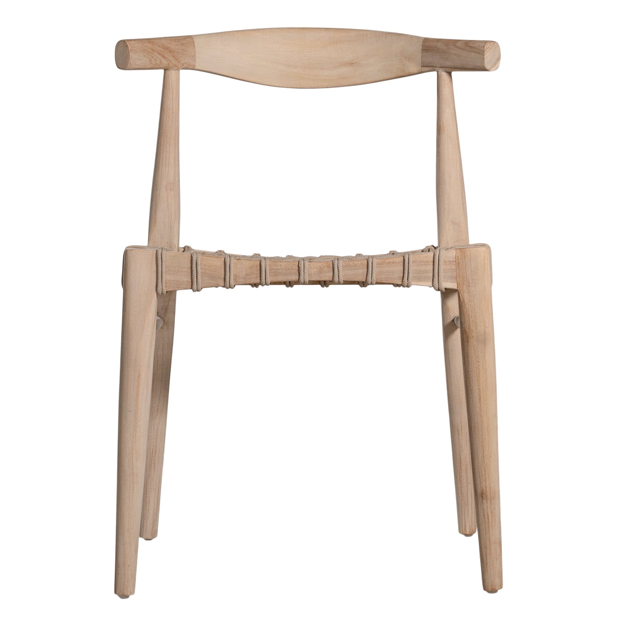 Modern lightwood dining chair featuring a sculpted timber backrest and a handwoven rope seat. A perfect blend of natural materials and contemporary craftsmanship for stylish dining spaces