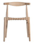 Modern lightwood dining chair featuring a sculpted timber backrest and a handwoven rope seat. A perfect blend of natural materials and contemporary craftsmanship for stylish dining spaces