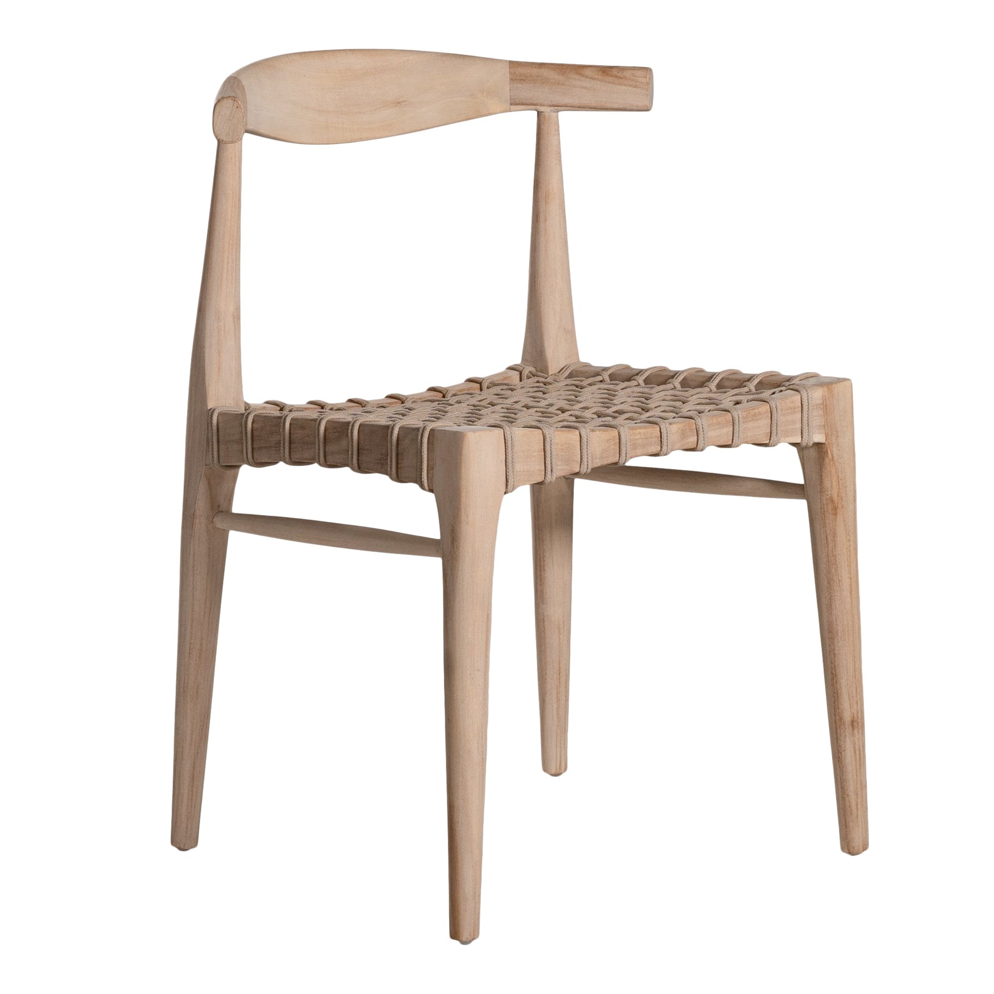Modern lightwood dining chair featuring a sculpted timber backrest and a handwoven rope seat. A perfect blend of natural materials and contemporary craftsmanship for stylish dining spaces