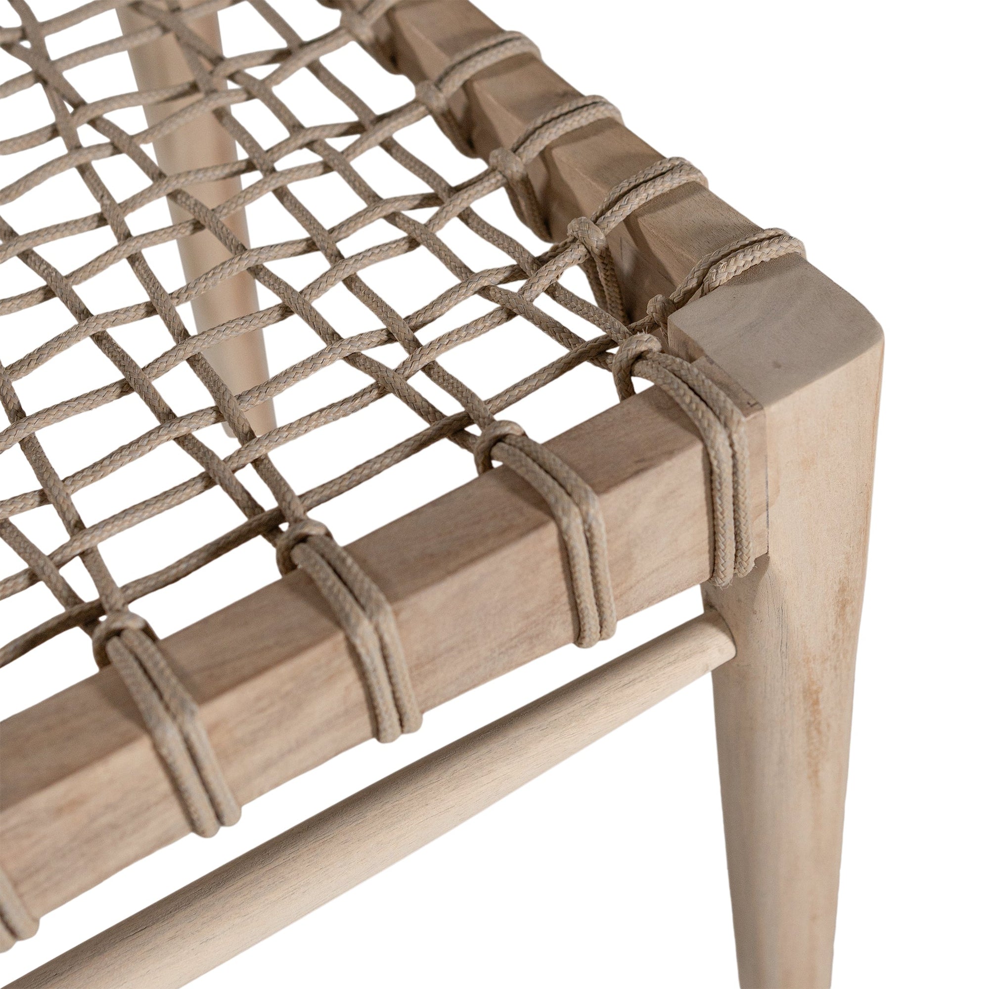 Modern lightwood dining chair featuring a sculpted timber backrest and a handwoven rope seat. A perfect blend of natural materials and contemporary craftsmanship for stylish dining spaces