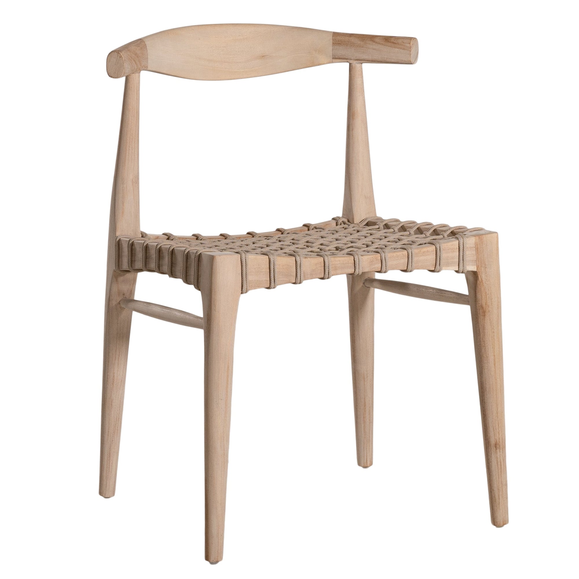 Modern lightwood dining chair featuring a sculpted timber backrest and a handwoven rope seat. A perfect blend of natural materials and contemporary craftsmanship for stylish dining spaces